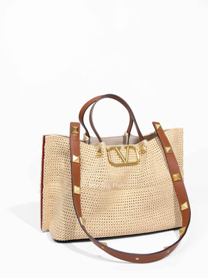 Valentino Tan/Natural Synthetic Woven Raffia and Leather Medium Summer Tote Bag