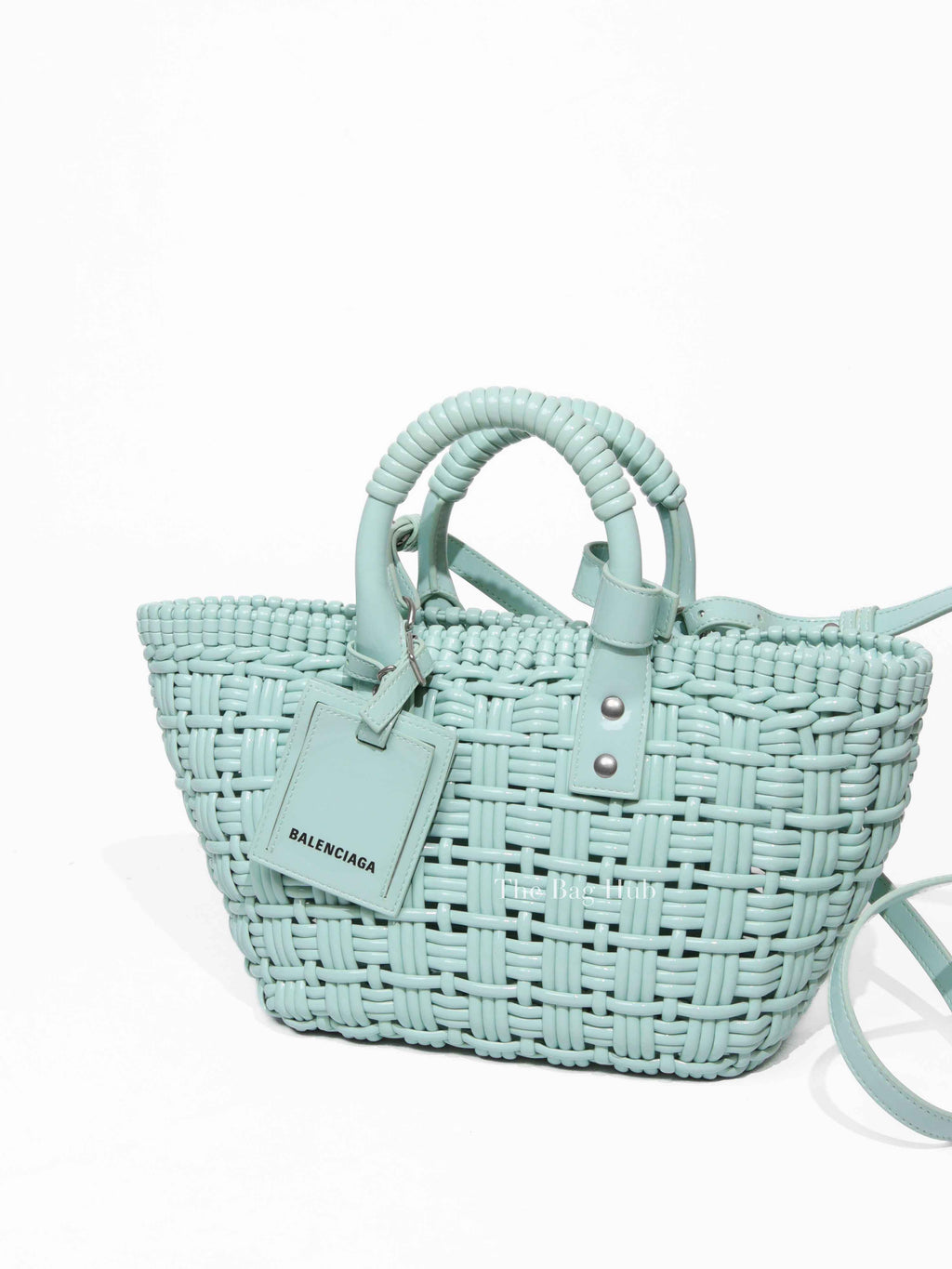 Balenciaga Light Blue Varnished Faux Calfskin Braided XS Bistro Basket
