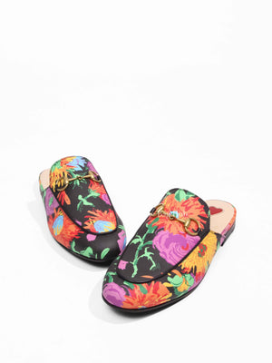 Gucci Black Floral Multicolor x Ken Scott Princetown Mules Size 35