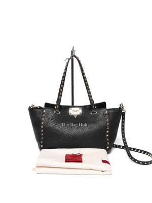 Valentino Black Leather Rockstud Trapeze Small Tote Bag