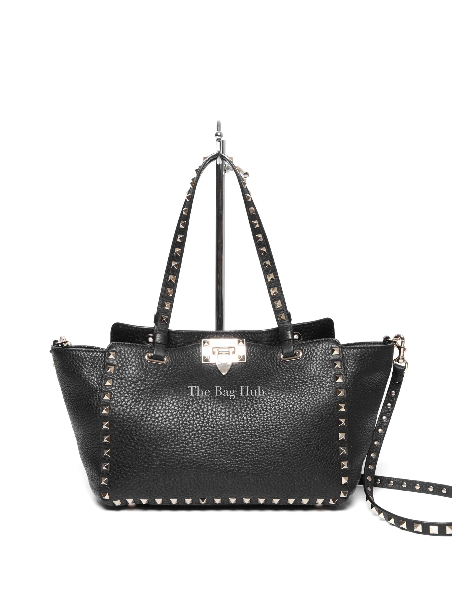 Valentino Black Leather Rockstud Trapeze Small Tote Bag