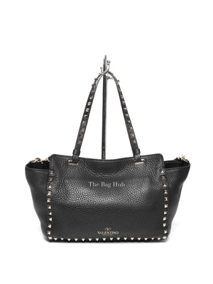 Valentino Black Leather Rockstud Trapeze Small Tote Bag