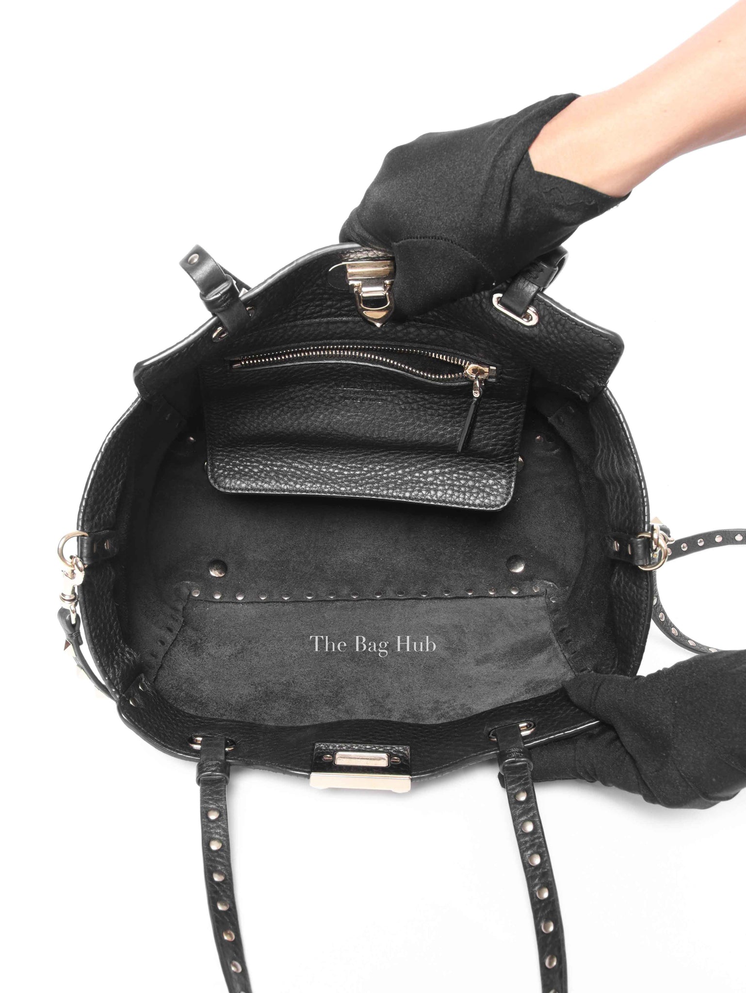 Valentino Black Leather Rockstud Trapeze Small Tote Bag