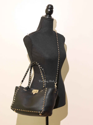 Valentino Black Leather Rockstud Trapeze Small Tote Bag