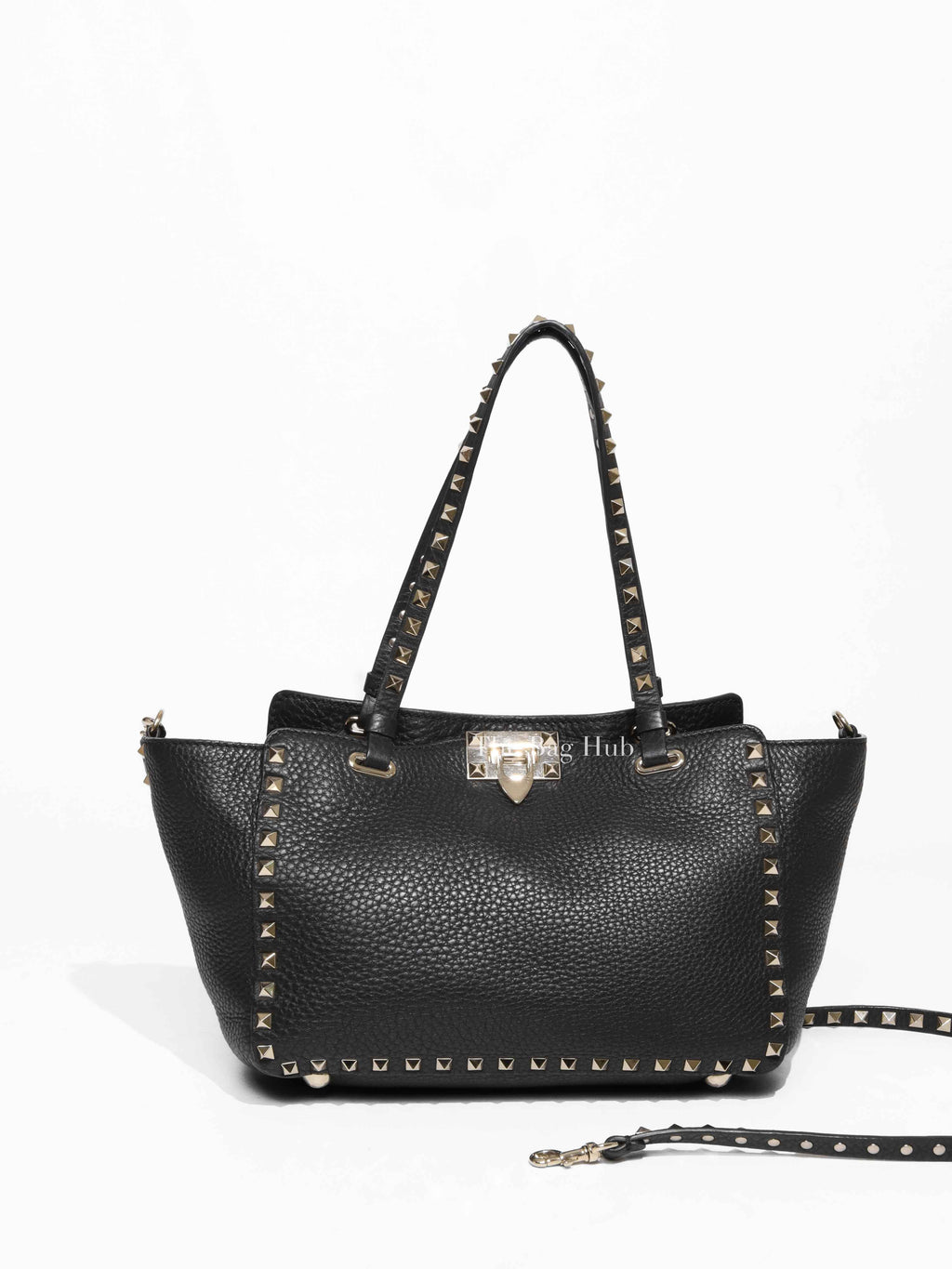 Valentino Black Leather Rockstud Trapeze Small Tote Bag