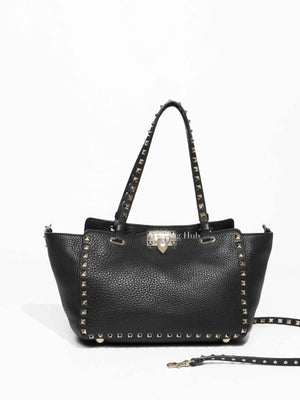 Valentino Black Leather Rockstud Trapeze Small Tote Bag