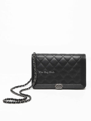 Chanel Black Caviar Leather Quilted Boy Wallet On Chain