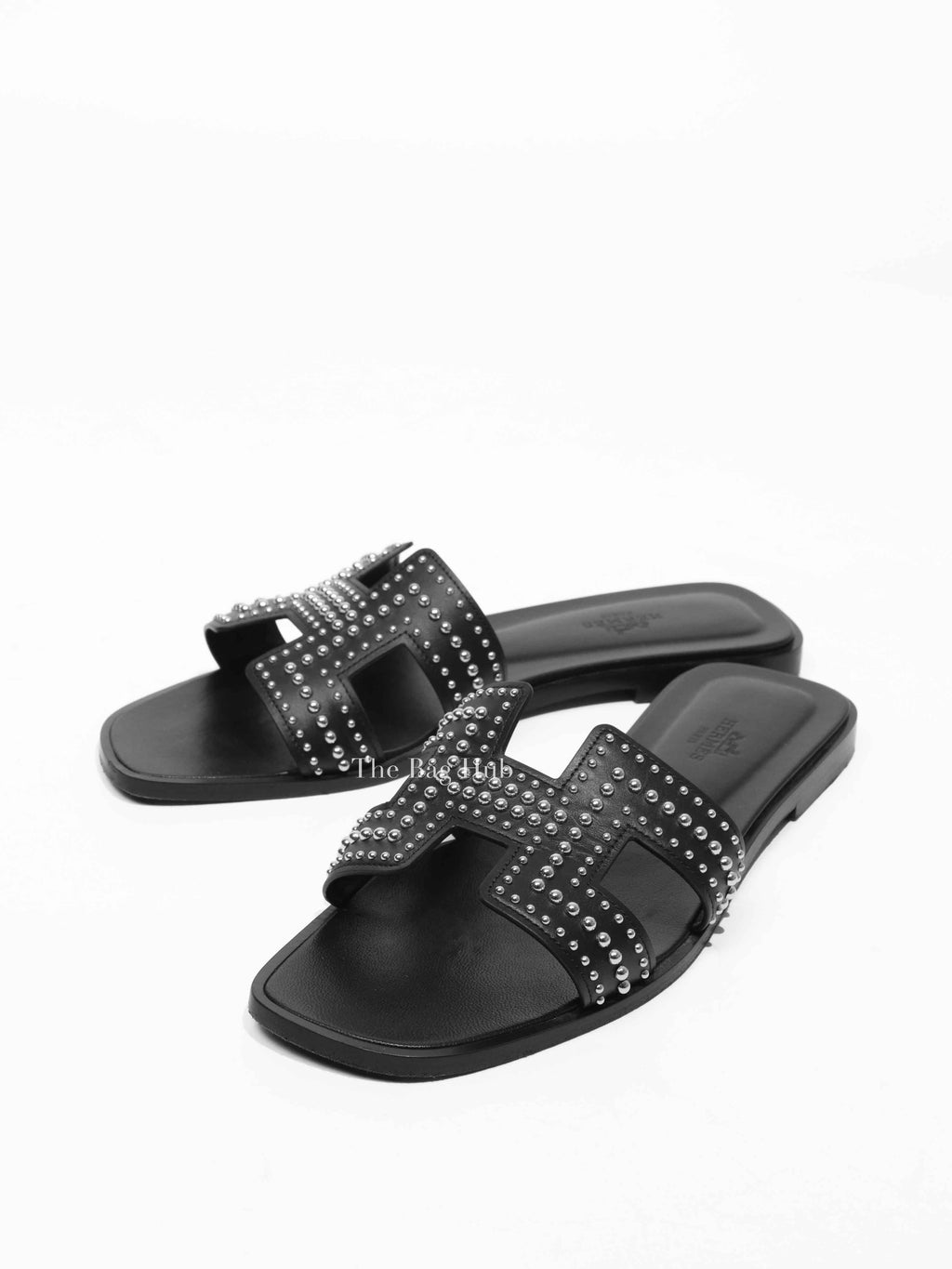 Hermes Black Studded Leather Oran Flat Slides Size 38