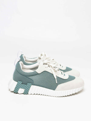 Hermes Green/Grey Mesh and Suede Tennis Bouncing Sneakers Size 38