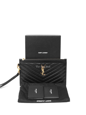 Saint Laurent Black Grain De Poudre Chevron Monogram Large Bill Pouch