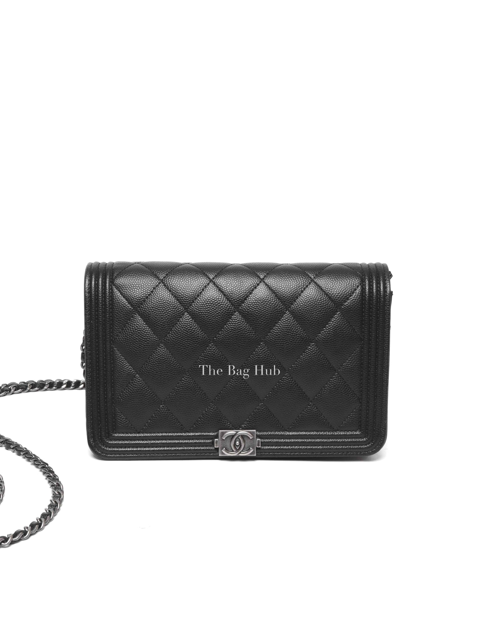 Chanel Black Caviar Leather Quilted Boy Wallet On Chain