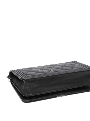 Chanel Black Caviar Leather Quilted Boy Wallet On Chain