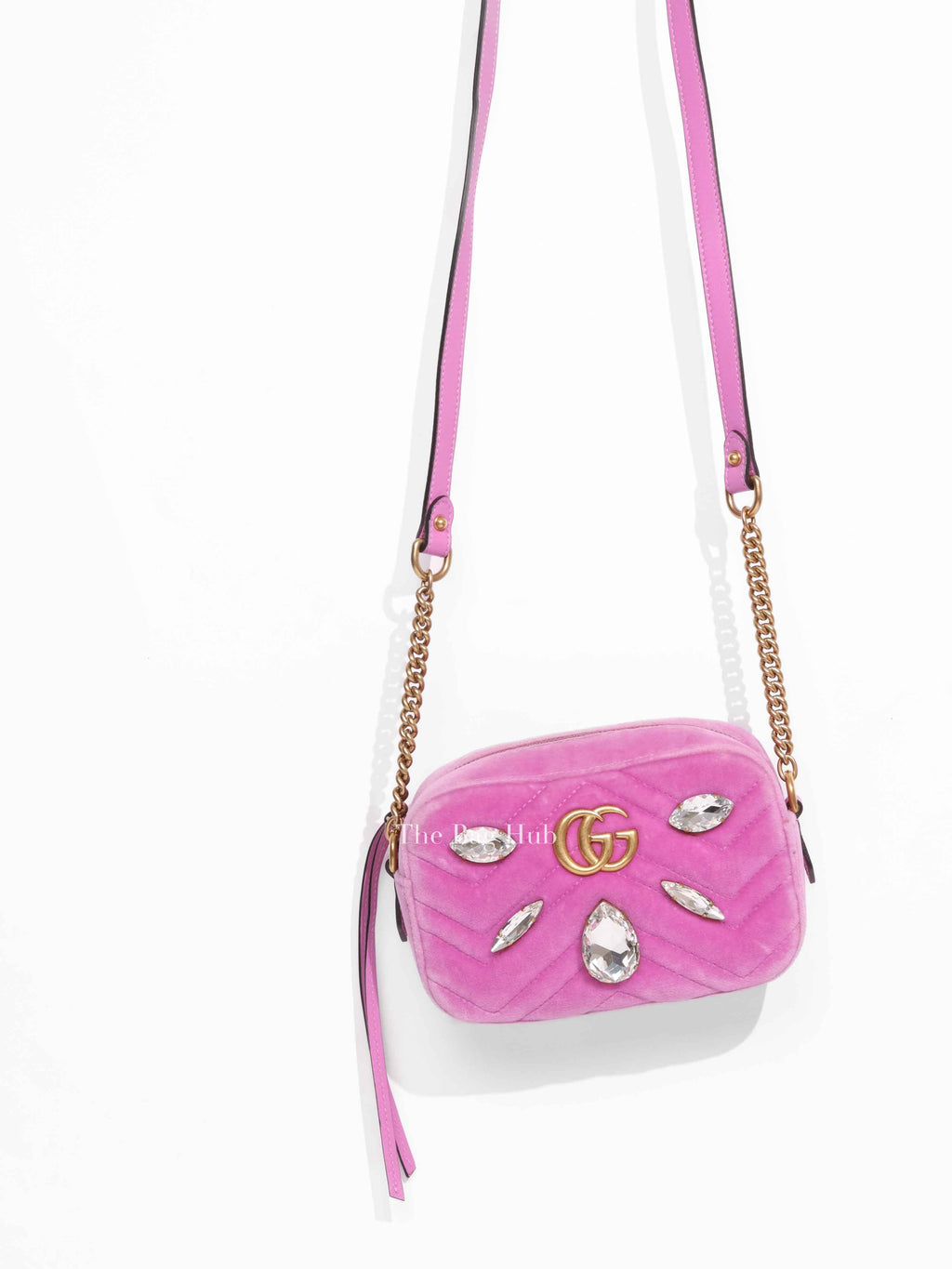 Gucci Pink Velvet Matelasse GG Marmont Crystal Embellished Mini Shoulder Bag