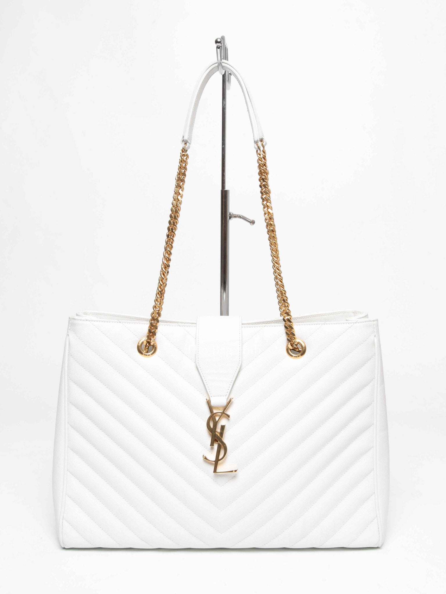 Saint Laurent White Leather Classic Monogram Tote Bag