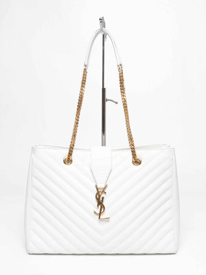 Saint Laurent White Leather Classic Monogram Tote Bag