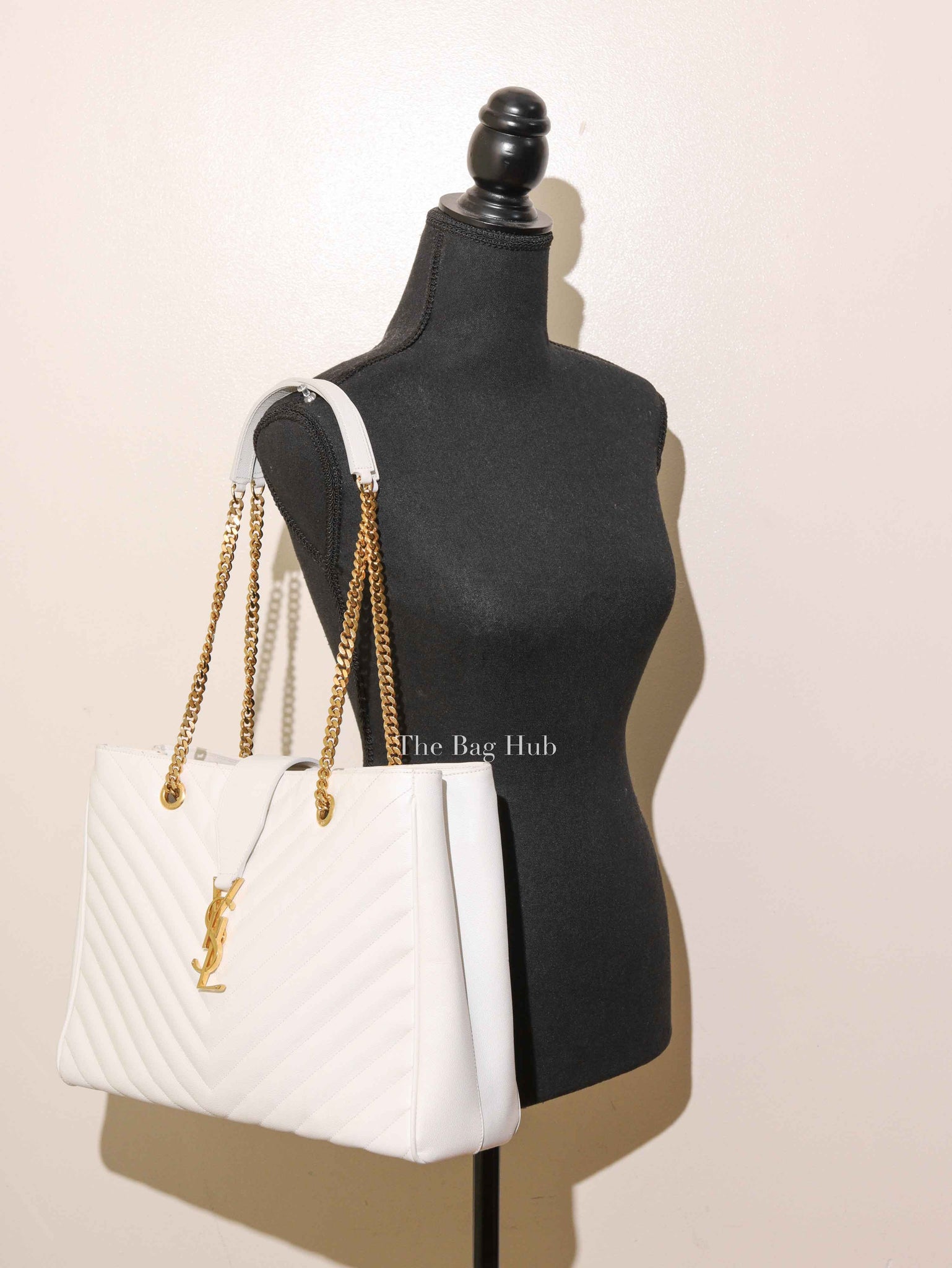 Saint Laurent White Leather Classic Monogram Tote Bag