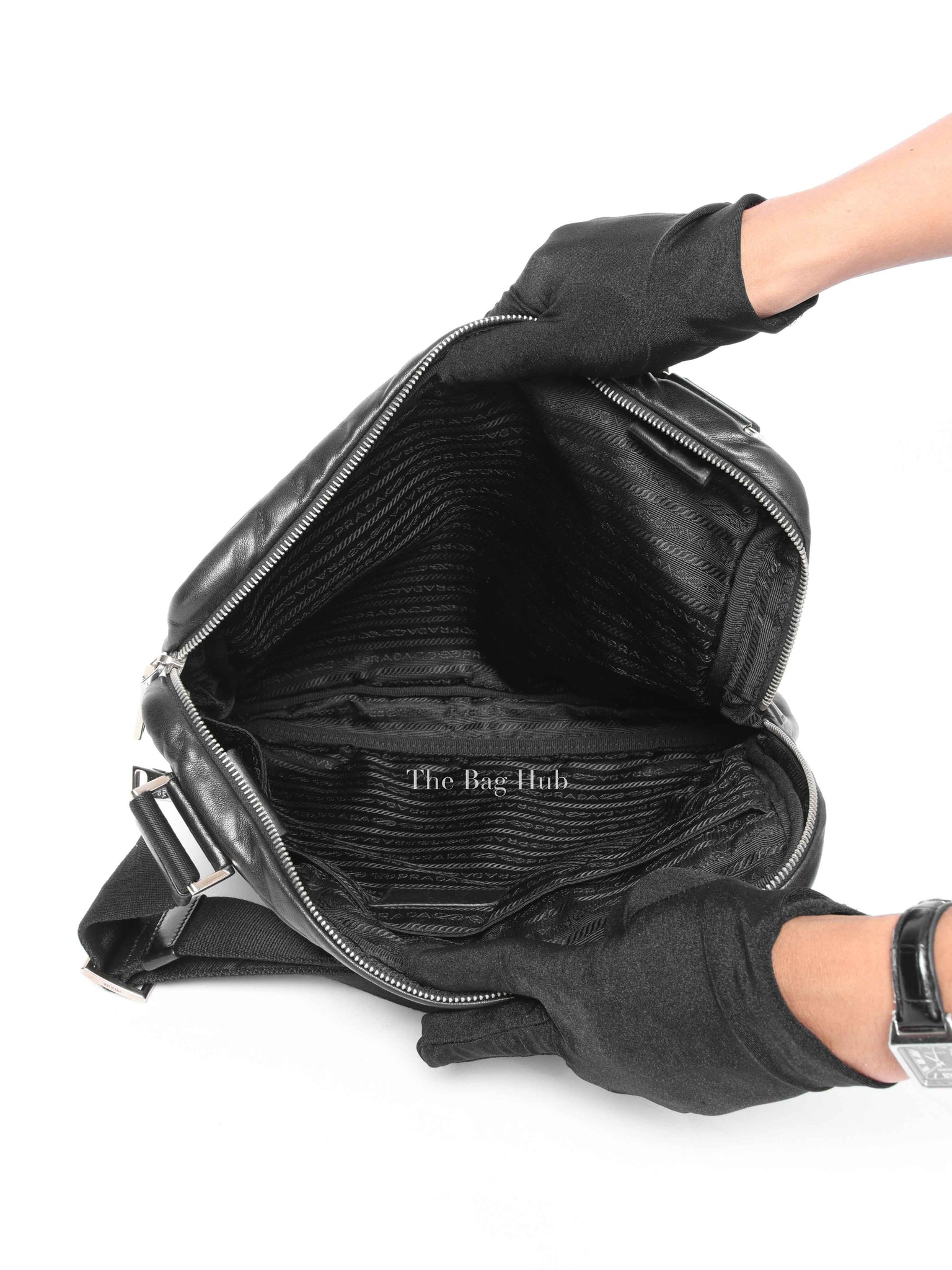 Prada Black Leather Enamel Logo Crossbody Bag