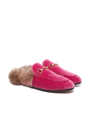 Gucci Pink Velvet Fur Women's Princetown Slippers Size 36.5