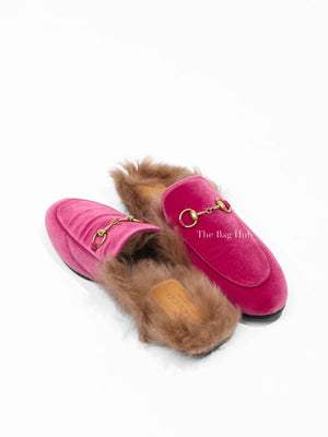 Gucci Pink Velvet Fur Women's Princetown Slippers Size 36.5