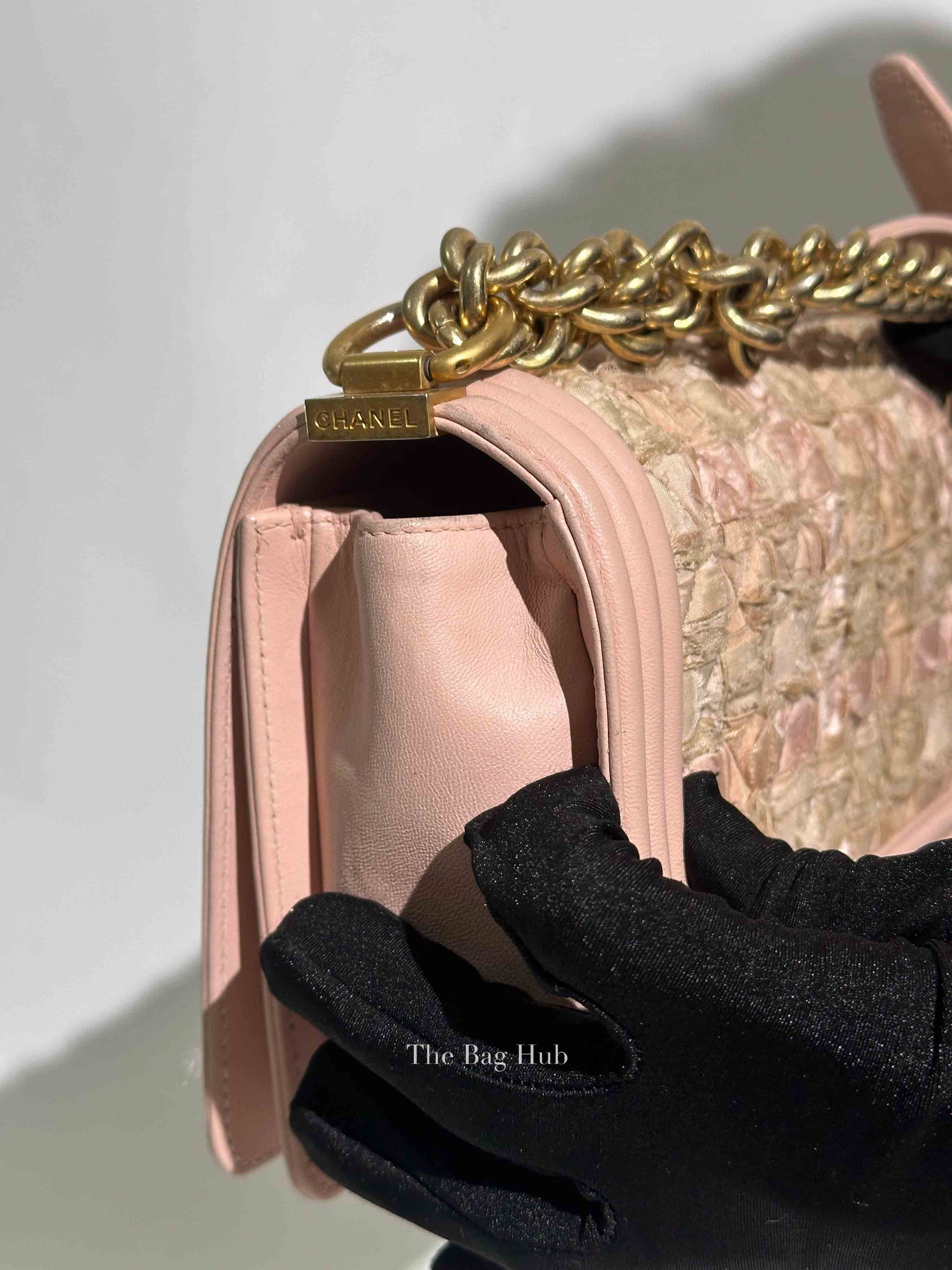 Chanel Pink Tweed Lambskin Old Medium Le Boy GHW
