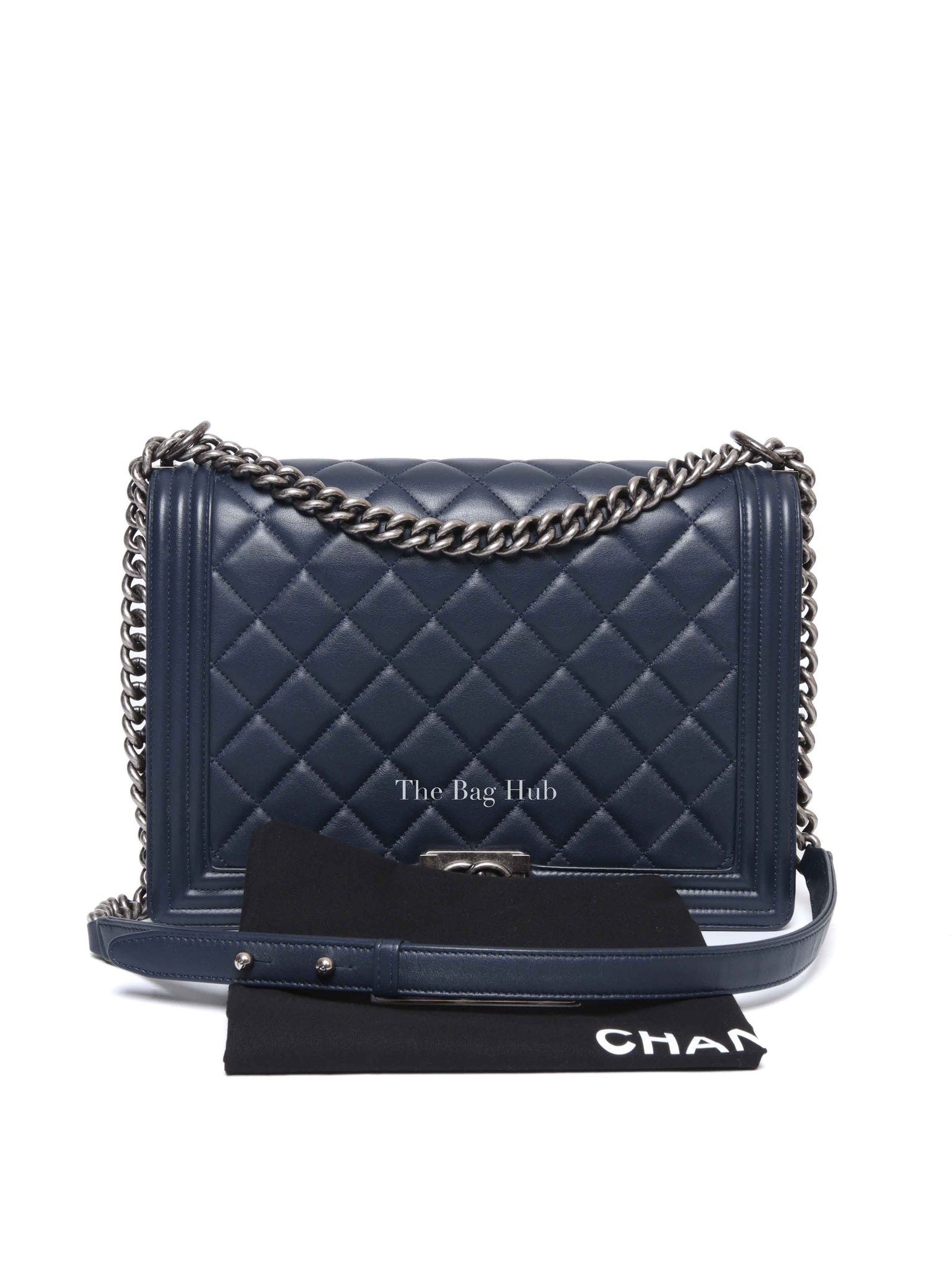 Chanel Navy Blue Lambskin Large Boy Flap Bag RHW
