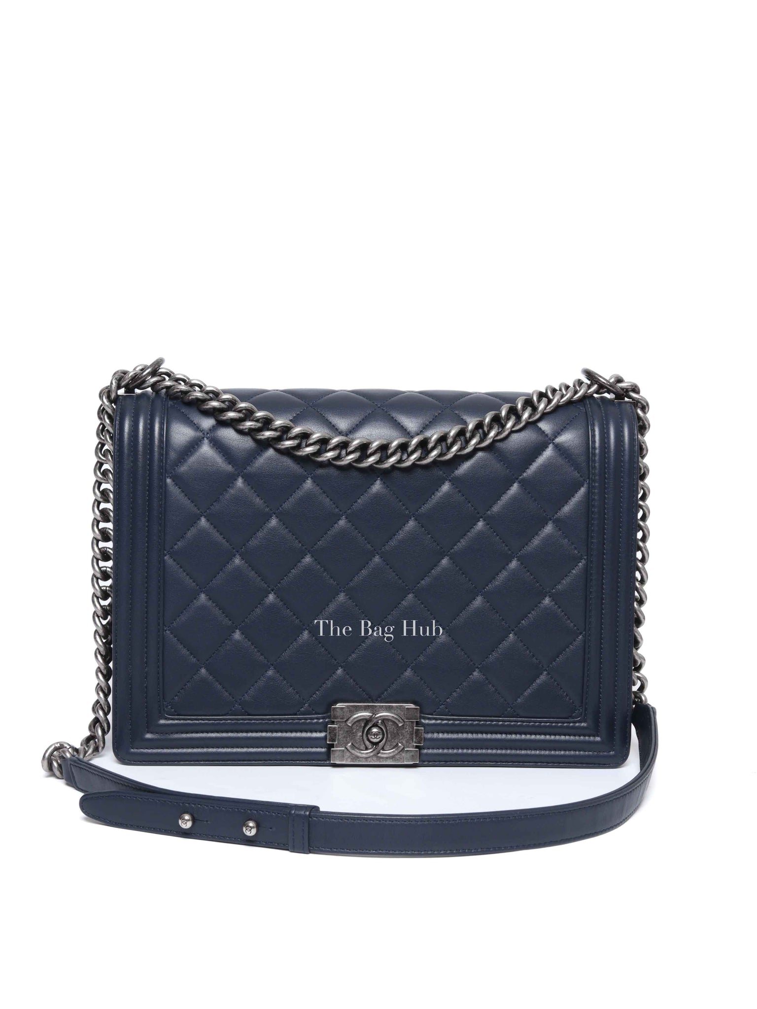 Chanel Navy Blue Lambskin Large Boy Flap Bag RHW