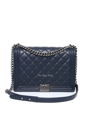 Chanel Navy Blue Lambskin Large Boy Flap Bag RHW