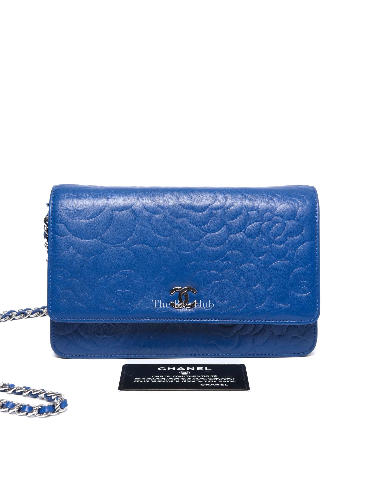 Chanel Blue Leather Camellia Wallet on Chain SHW