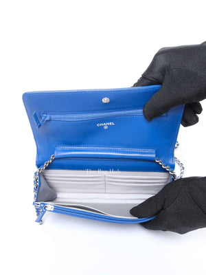 Chanel Blue Leather Camellia Wallet on Chain SHW
