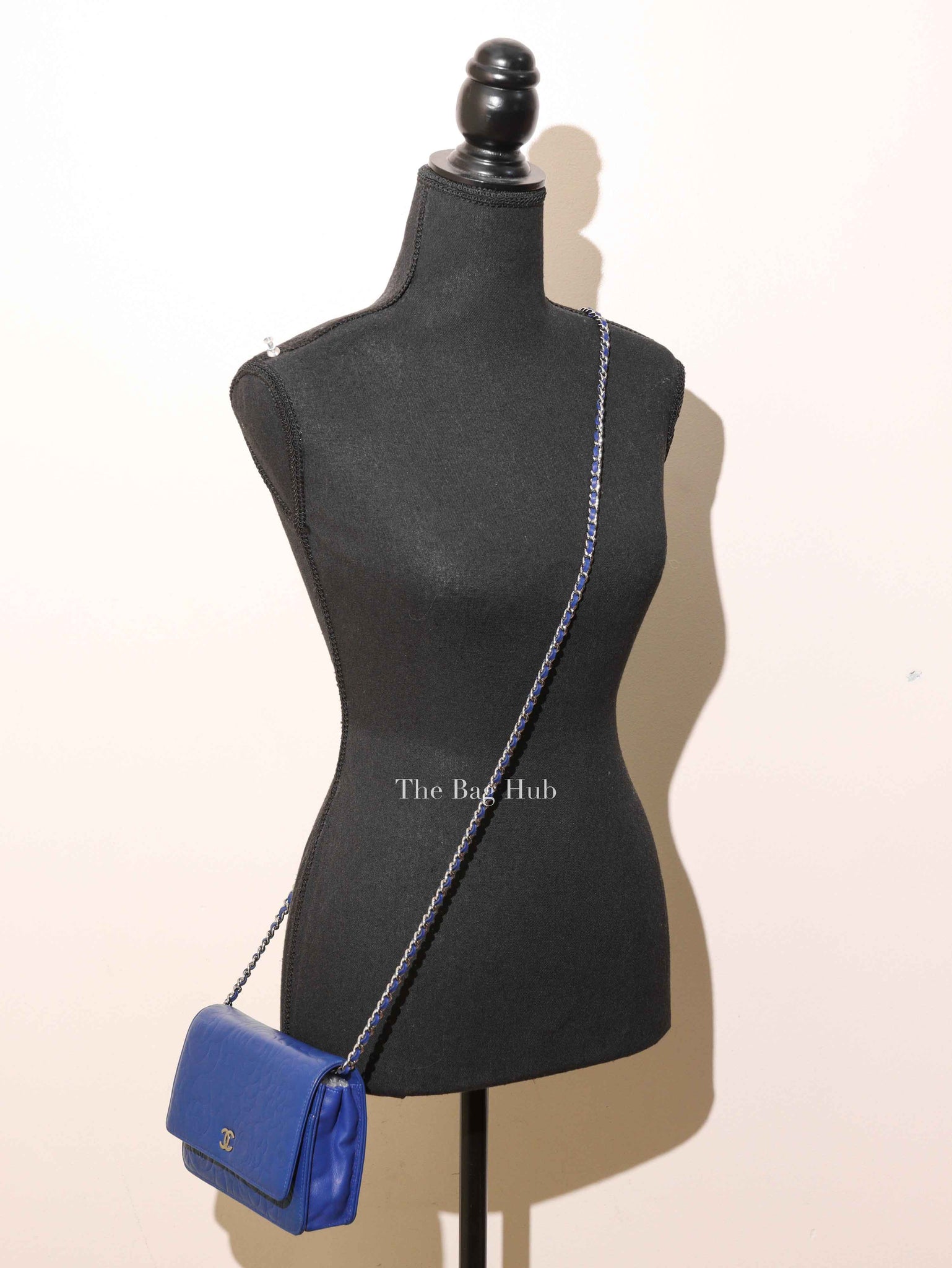 Chanel Blue Leather Camellia Wallet on Chain SHW