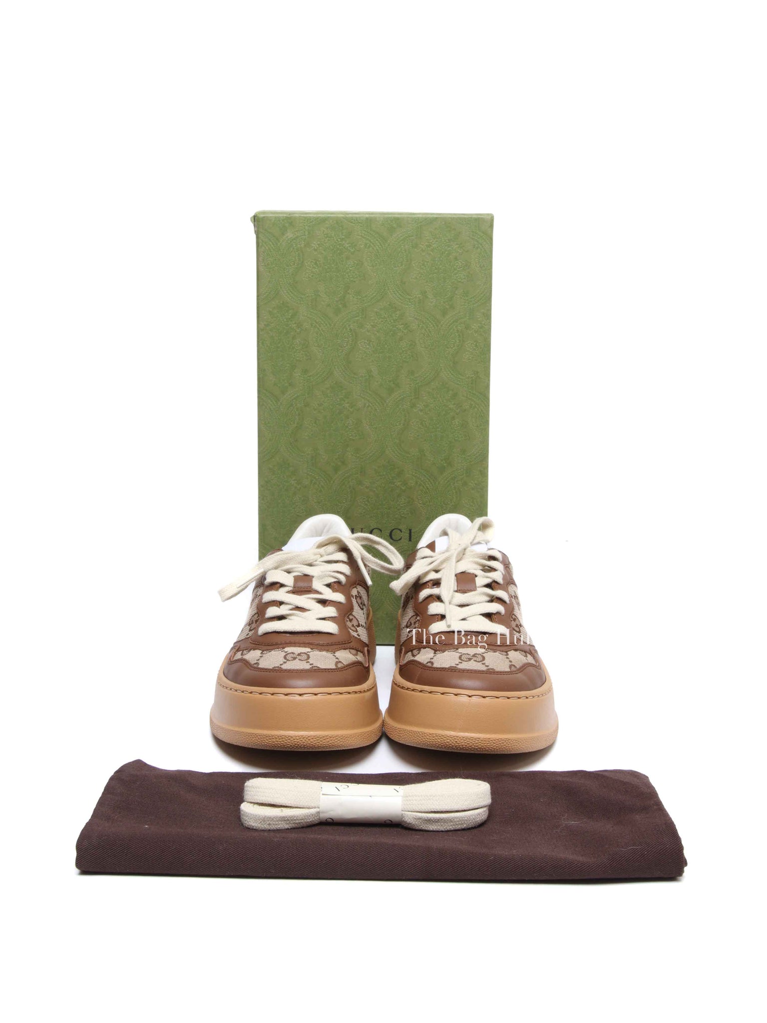 Gucci Brown Calfskin Hezelnut Beige Ebony GG Monogram Chunky Women's Sneakers Size 36
