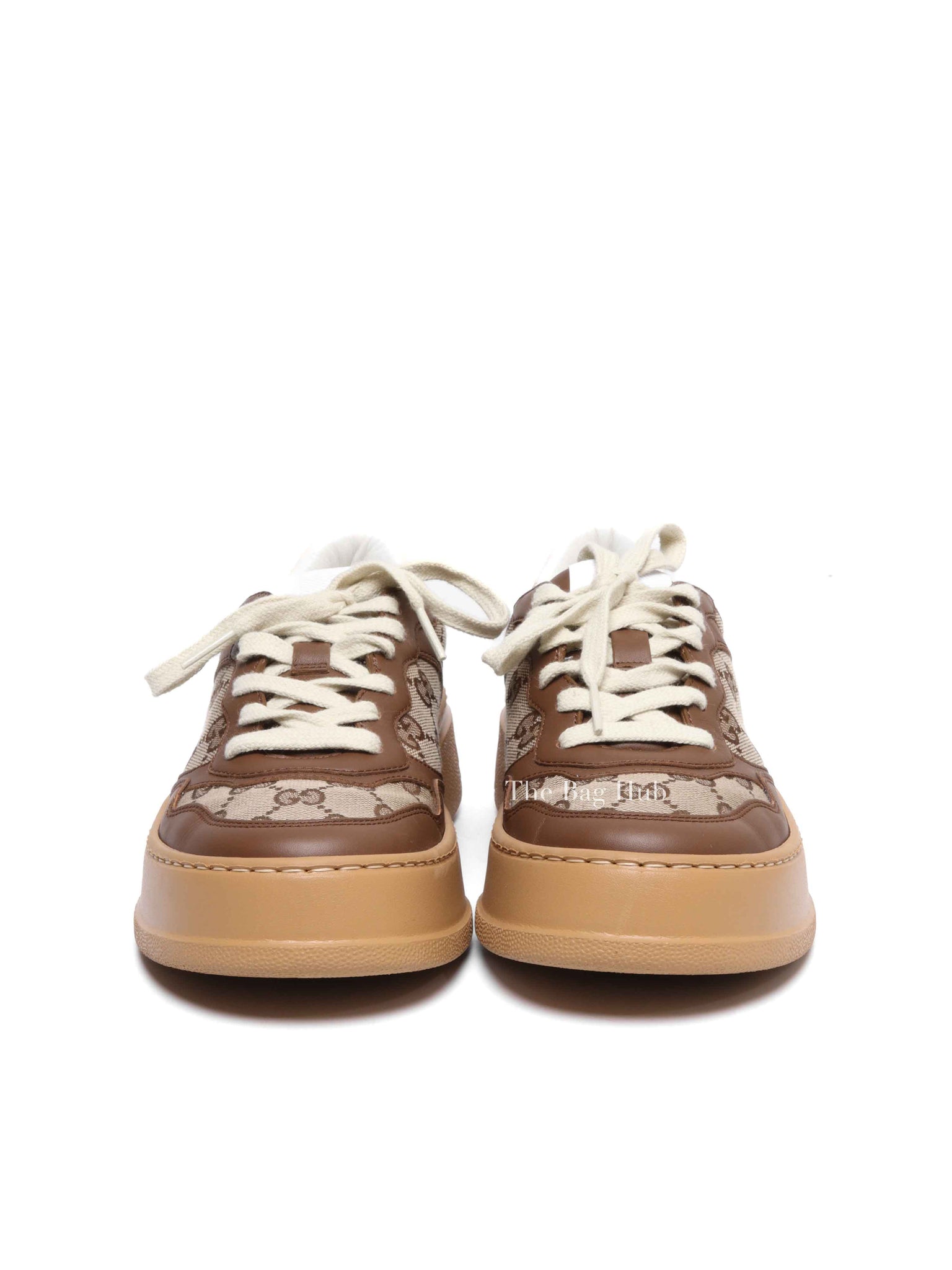 Gucci Brown Calfskin Hezelnut Beige Ebony GG Monogram Chunky Women's Sneakers Size 36