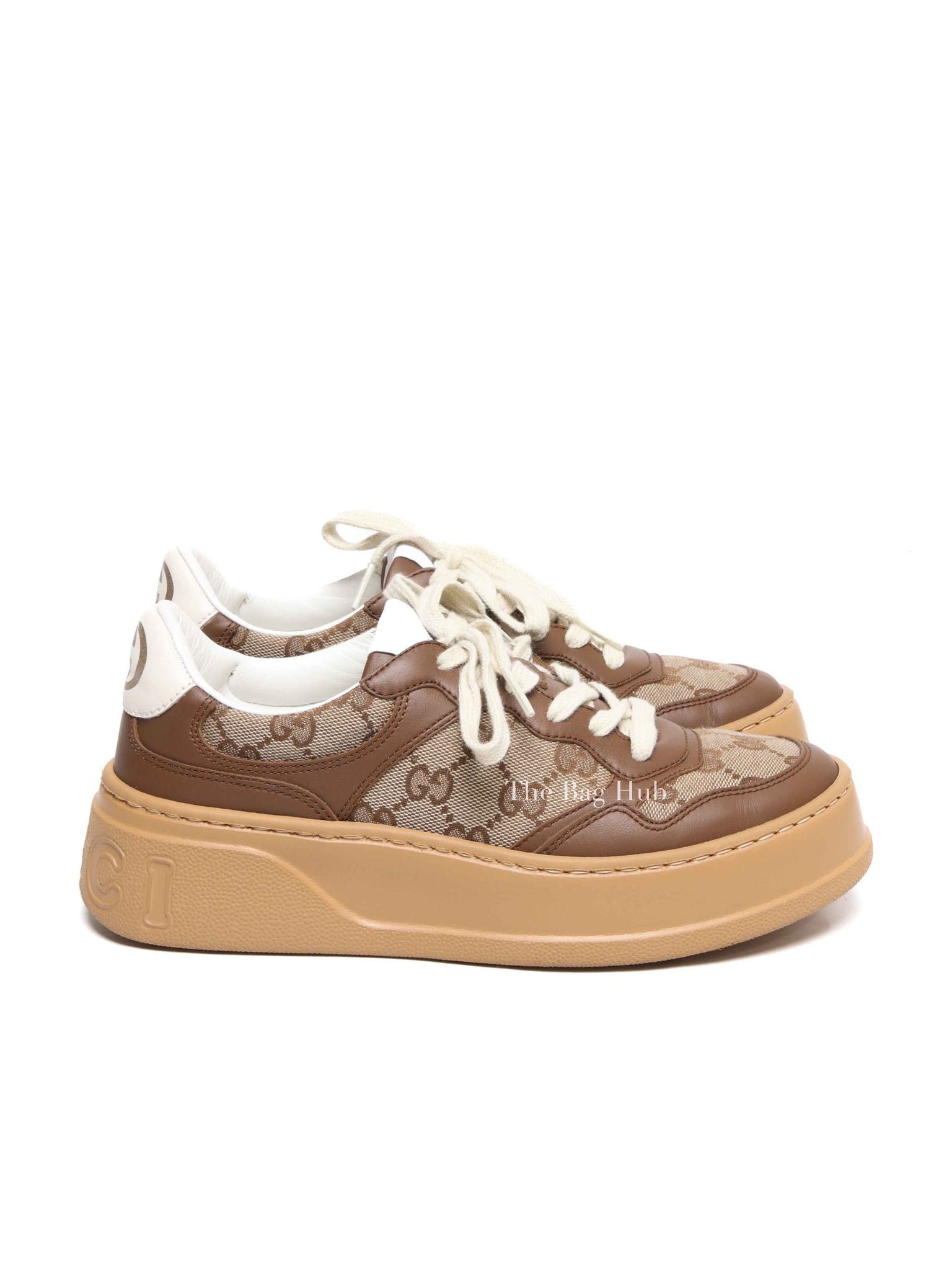 Gucci Brown Calfskin Hezelnut Beige Ebony GG Monogram Chunky Women's Sneakers Size 36