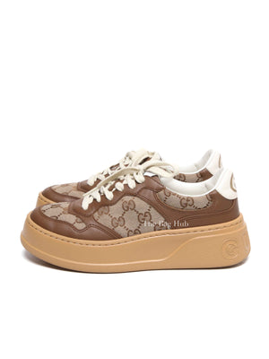 Gucci Brown Calfskin Hezelnut Beige Ebony GG Monogram Chunky Women's Sneakers Size 36