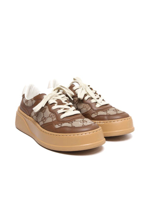 Gucci Brown Calfskin Hezelnut Beige Ebony GG Monogram Chunky Women's Sneakers Size 36