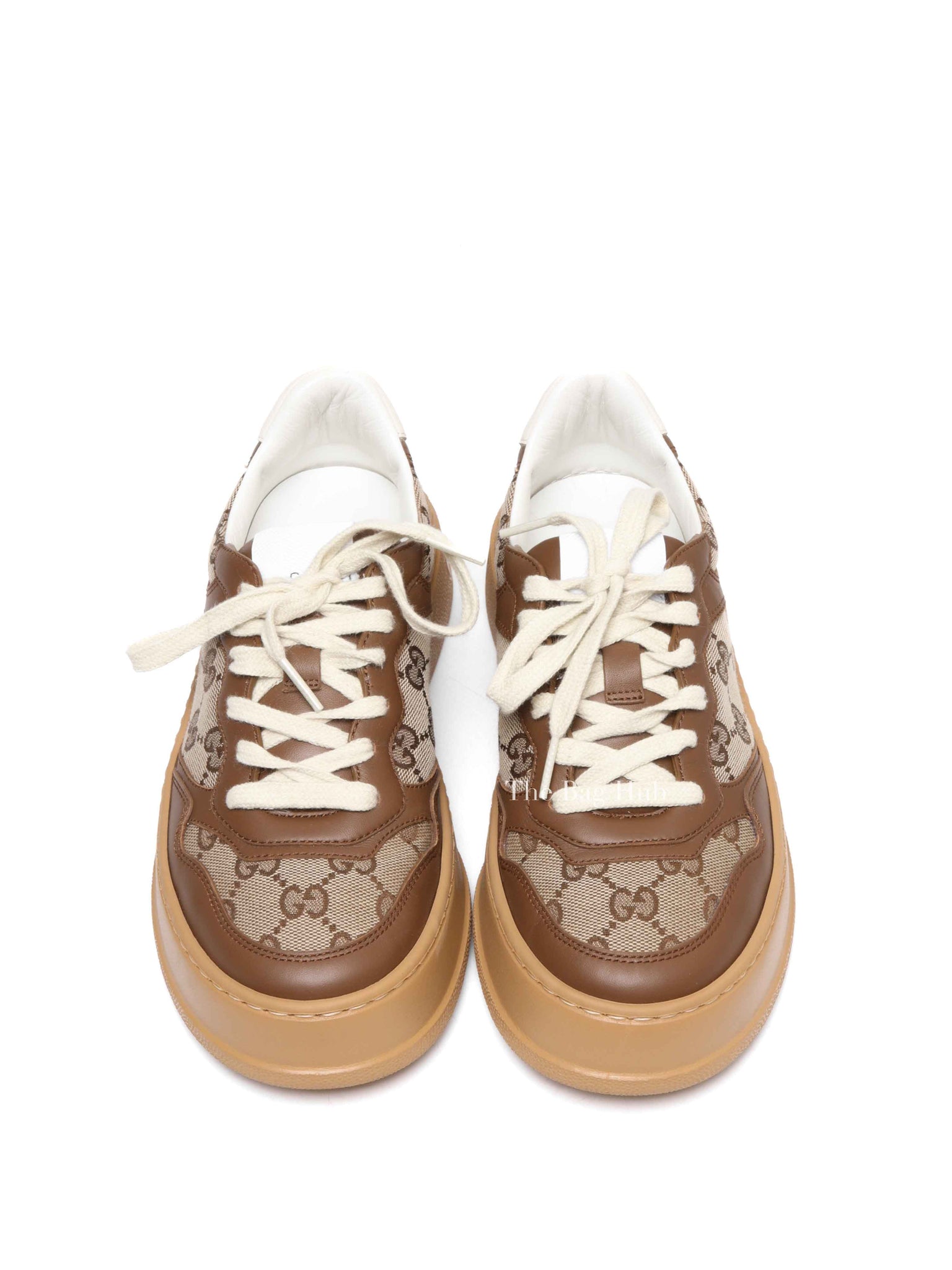 Gucci Brown Calfskin Hezelnut Beige Ebony GG Monogram Chunky Women's Sneakers Size 36