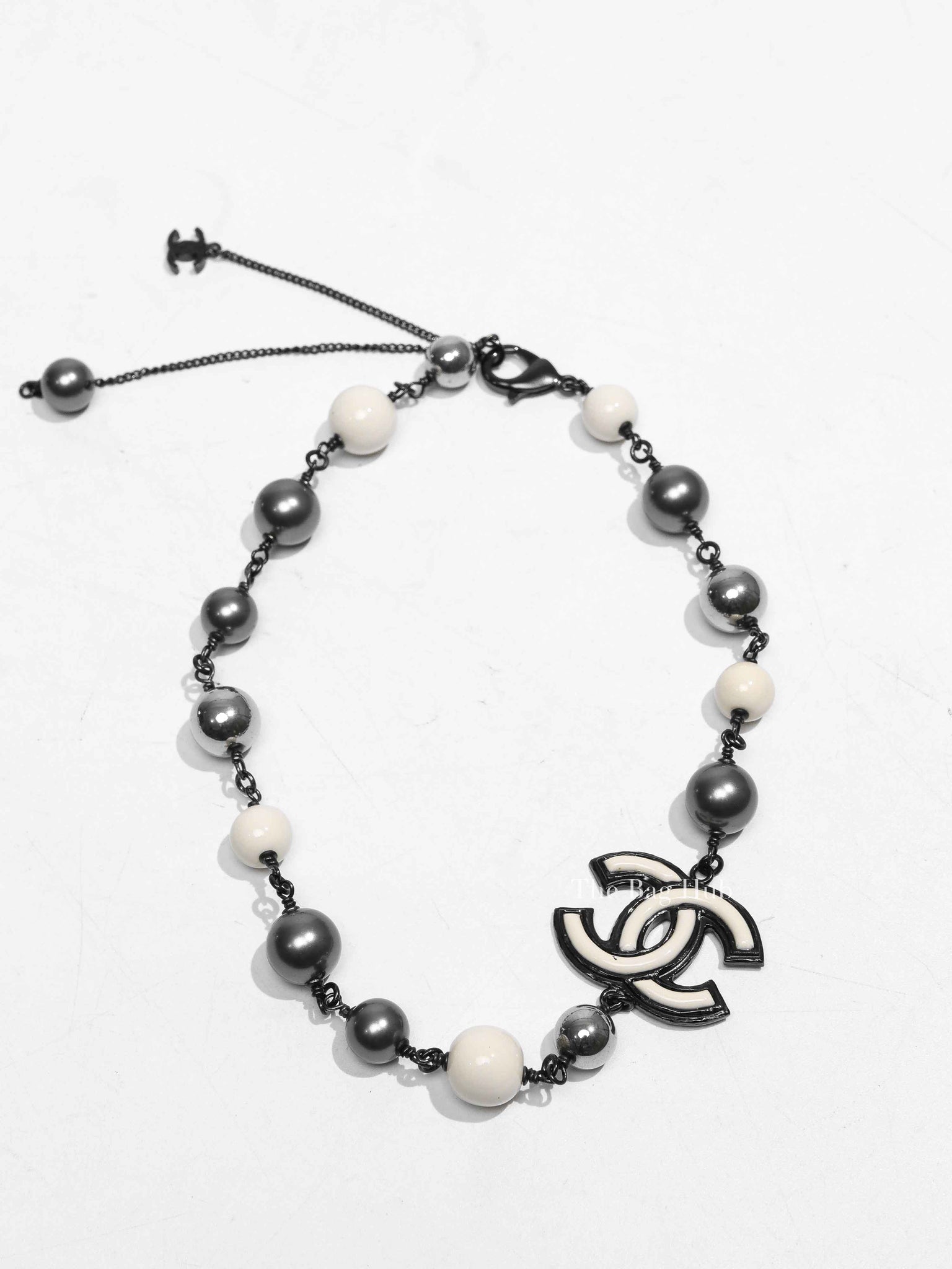 Chanel Silver/White/Gray Ruthenium CC Pearl Choker Necklace
