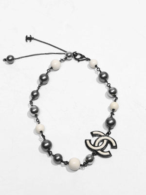 Chanel Silver/White/Gray Ruthenium CC Pearl Choker Necklace