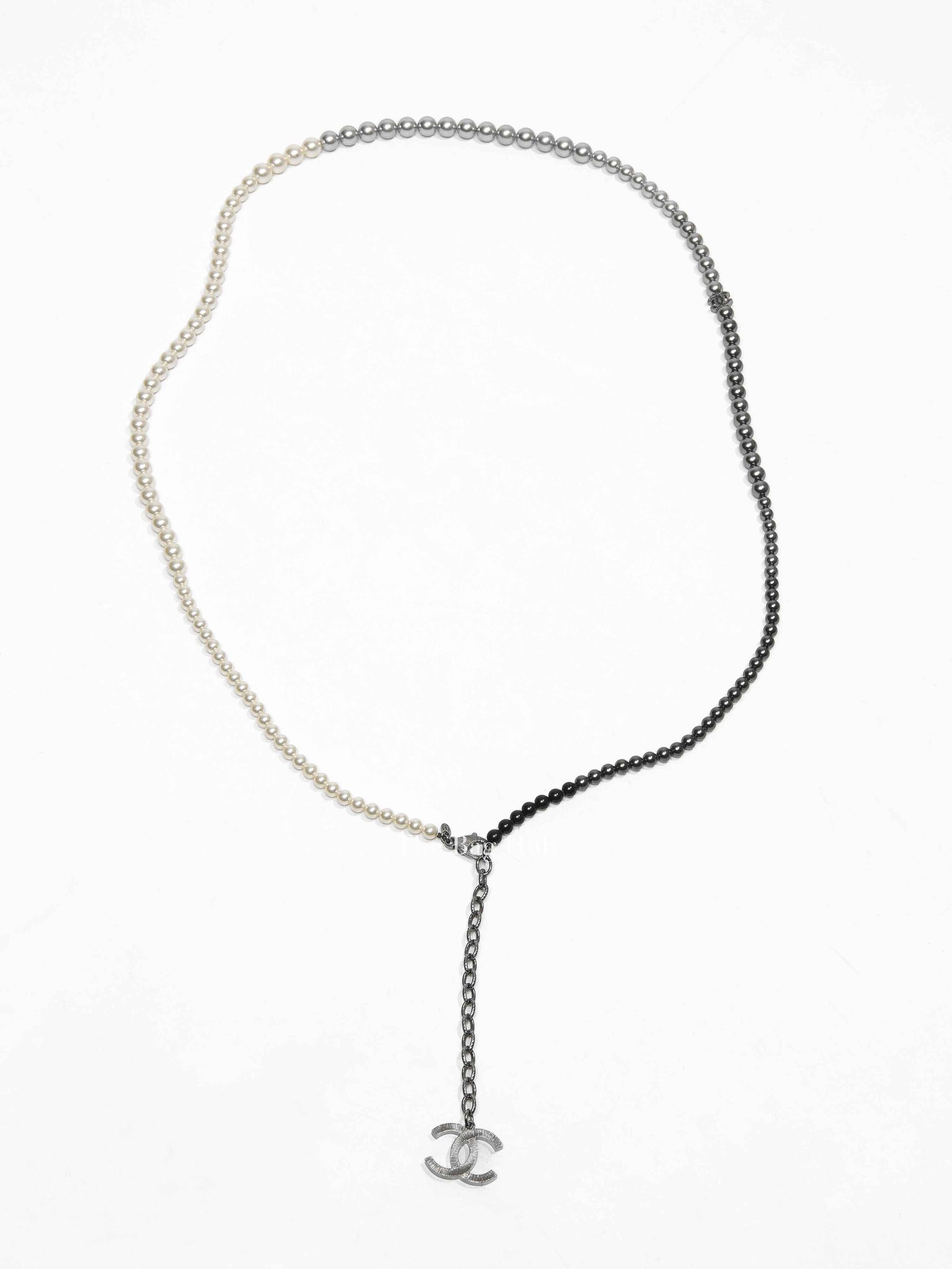 Chanel White/Silver/Black Pearl Long Necklace
