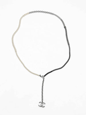Chanel White/Silver/Black Pearl Long Necklace