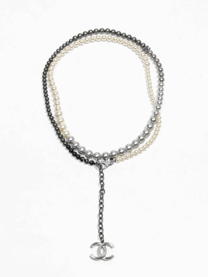 Chanel White/Silver/Black Pearl Long Necklace