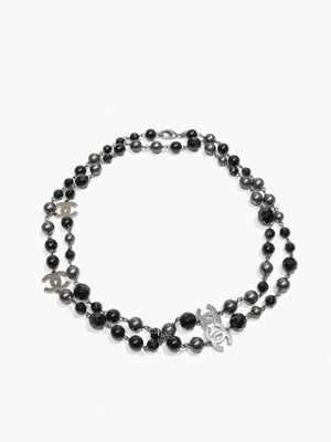 Chanel Black/Gray Ruthenium Pearl Beaded CC Long Necklace