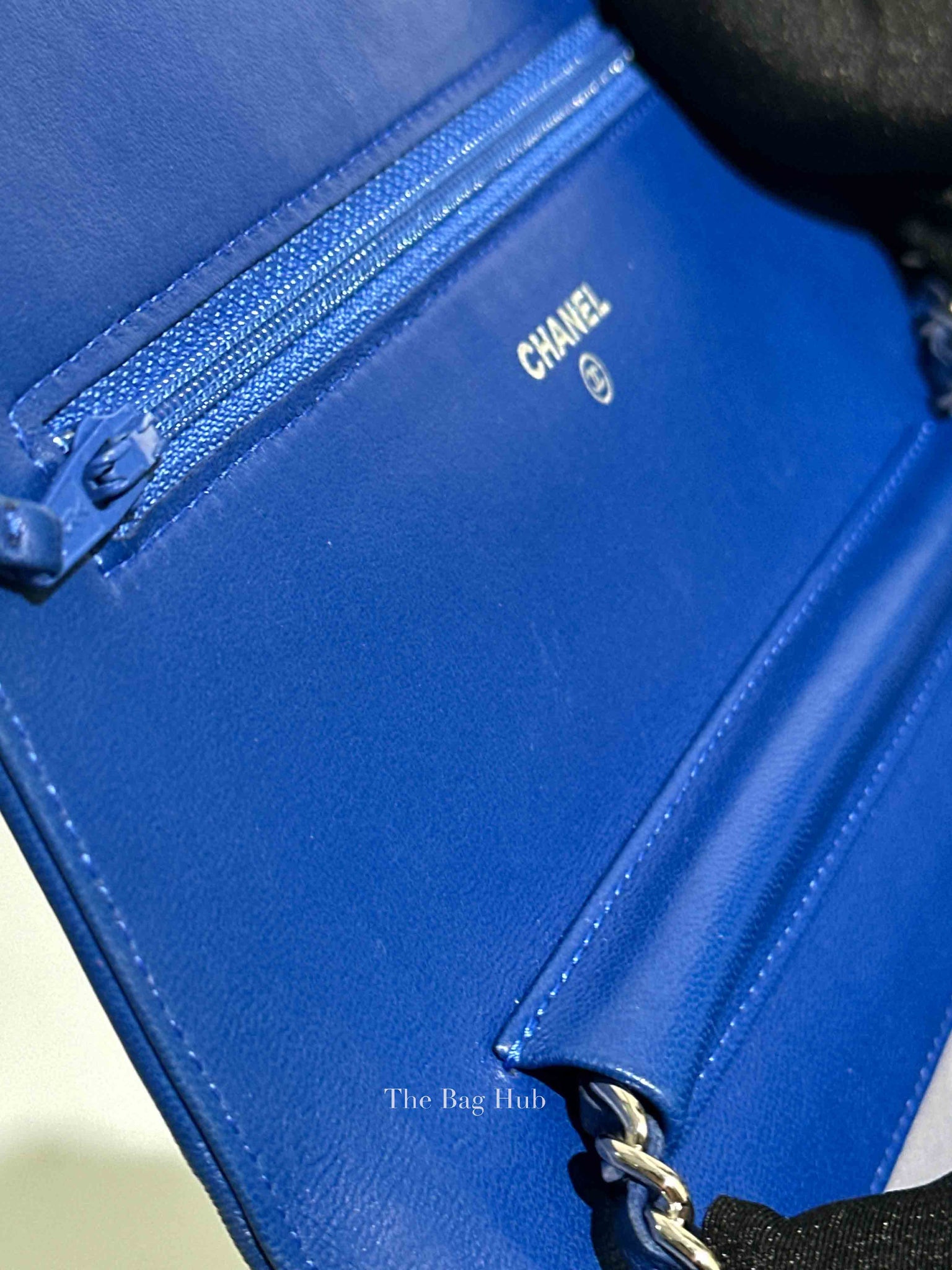 Chanel Blue Leather Camellia Wallet on Chain SHW
