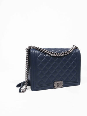 Chanel Navy Blue Lambskin Large Boy Flap Bag RHW