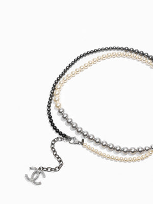 Chanel White/Silver/Black Pearl Long Necklace