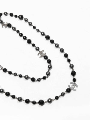 Chanel Black/Gray Ruthenium Pearl Beaded CC Long Necklace