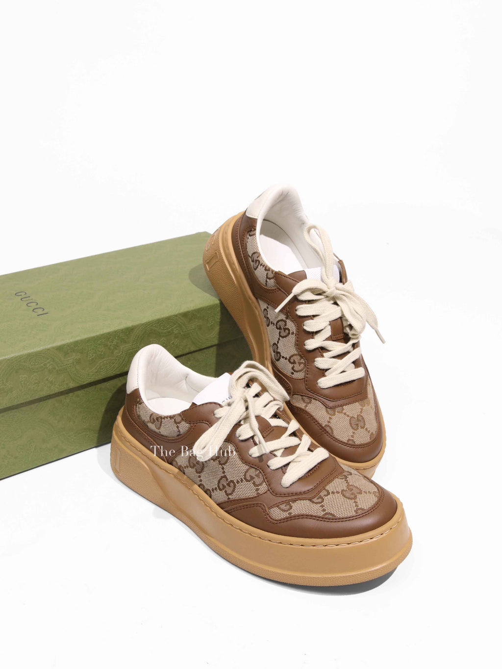 Gucci Brown Calfskin Hezelnut Beige Ebony GG Monogram Chunky Women's Sneakers Size 36