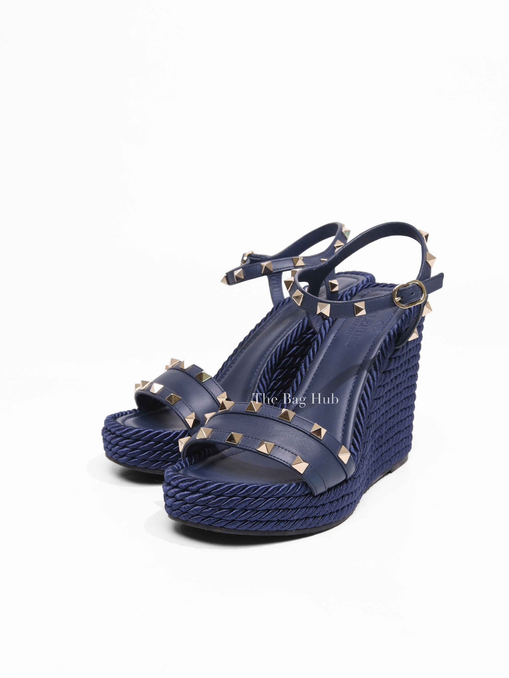 Valentino Garavani Navy Blue Rockstud Torchon Espadrille Wedge Size 38