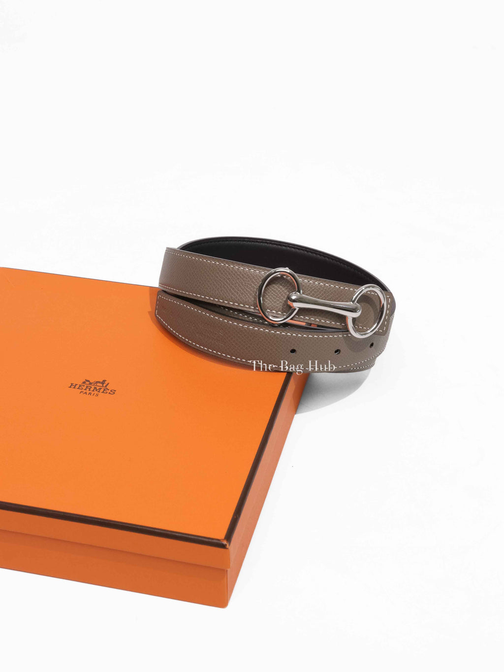 Hermes Heritage Buckle Etoupe Epsom/Black Leather Belt 24mm Size 80