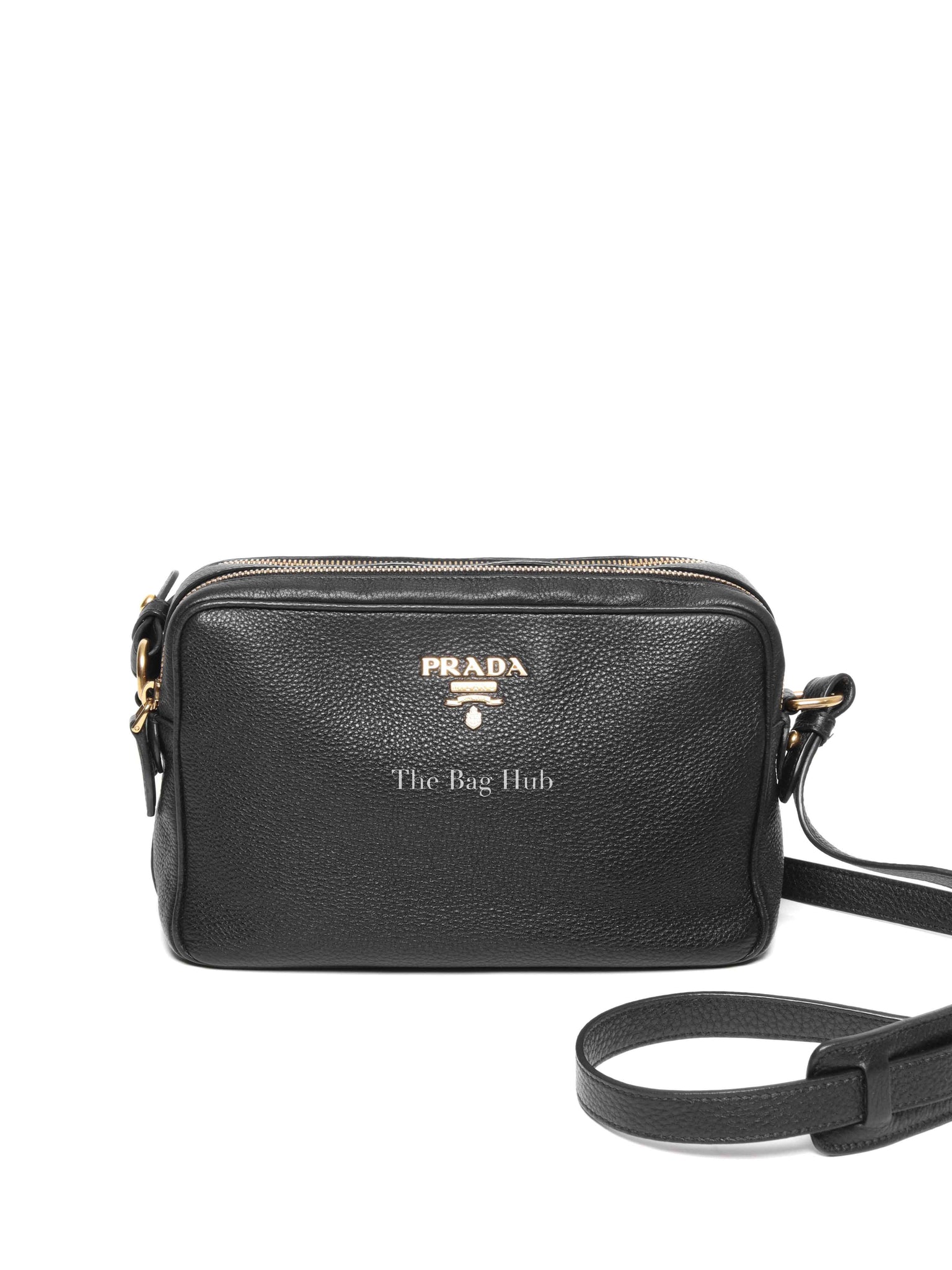 Prada Black Vitello Phenix Double Zip Camera Bag